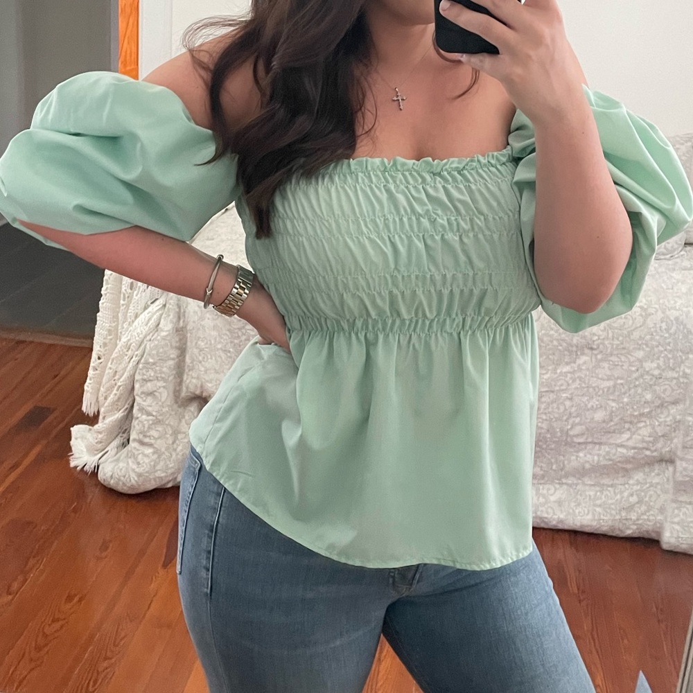 Mint puff sleeve peplum blouse
